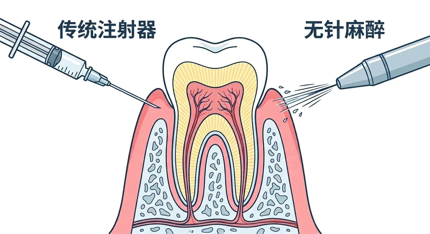 牙龈与牙齿的截面图。左侧传统注射器带针头刺入牙龈,右侧无针装置前端喷出的细水柱在压力作用下射入牙龈黏膜