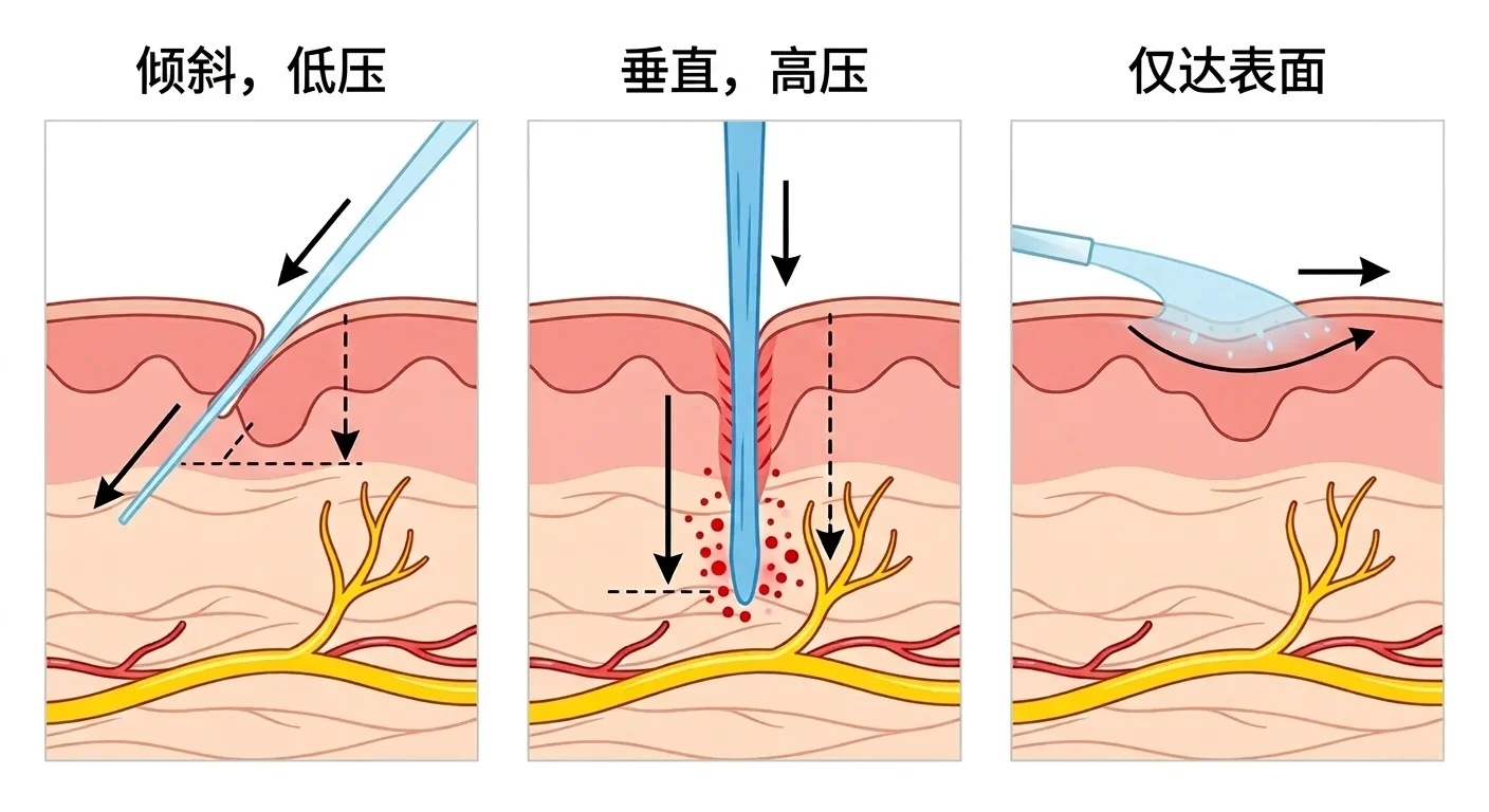 根据向牙龈黏膜喷射水柱的角度和压力比较渗透深度。以倾斜、低压方式喷射时,可浅浅到达神经束附近;以垂直、高压方式喷射时,虽能深入到达神经束,但同时会出现出血;压力过弱时,只能扩散到黏膜表面附近,无法到达神经束