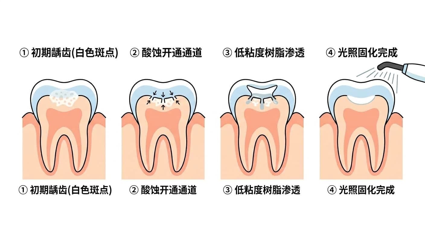 树脂渗透治疗进行的四个阶段。依次展示白色斑点状态的釉质、用酸打开通道的过程、低粘度树脂渗入的过程、以光固化完成的过程