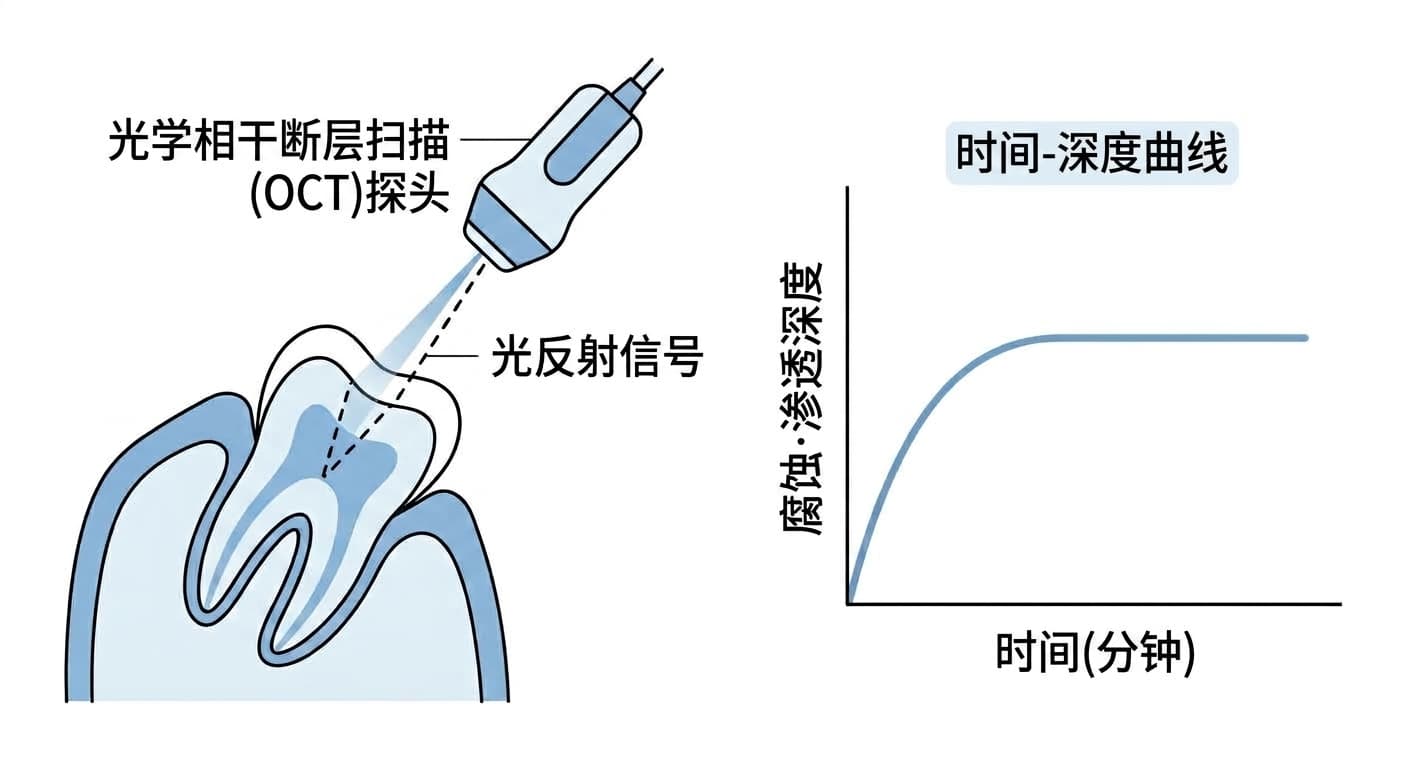 光学相干断层扫描(OCT)探头向牙齿发射光线、通过反射信号测量腐蚀·渗透深度的原理,以及深度随时间增加后趋于停止的时间-深度曲线