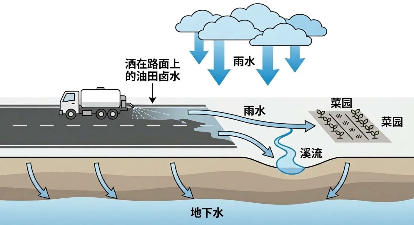 示意图:洒水车在道路上喷洒油田卤水,雨水将其冲刷流入菜园、溪流和地下水的过程