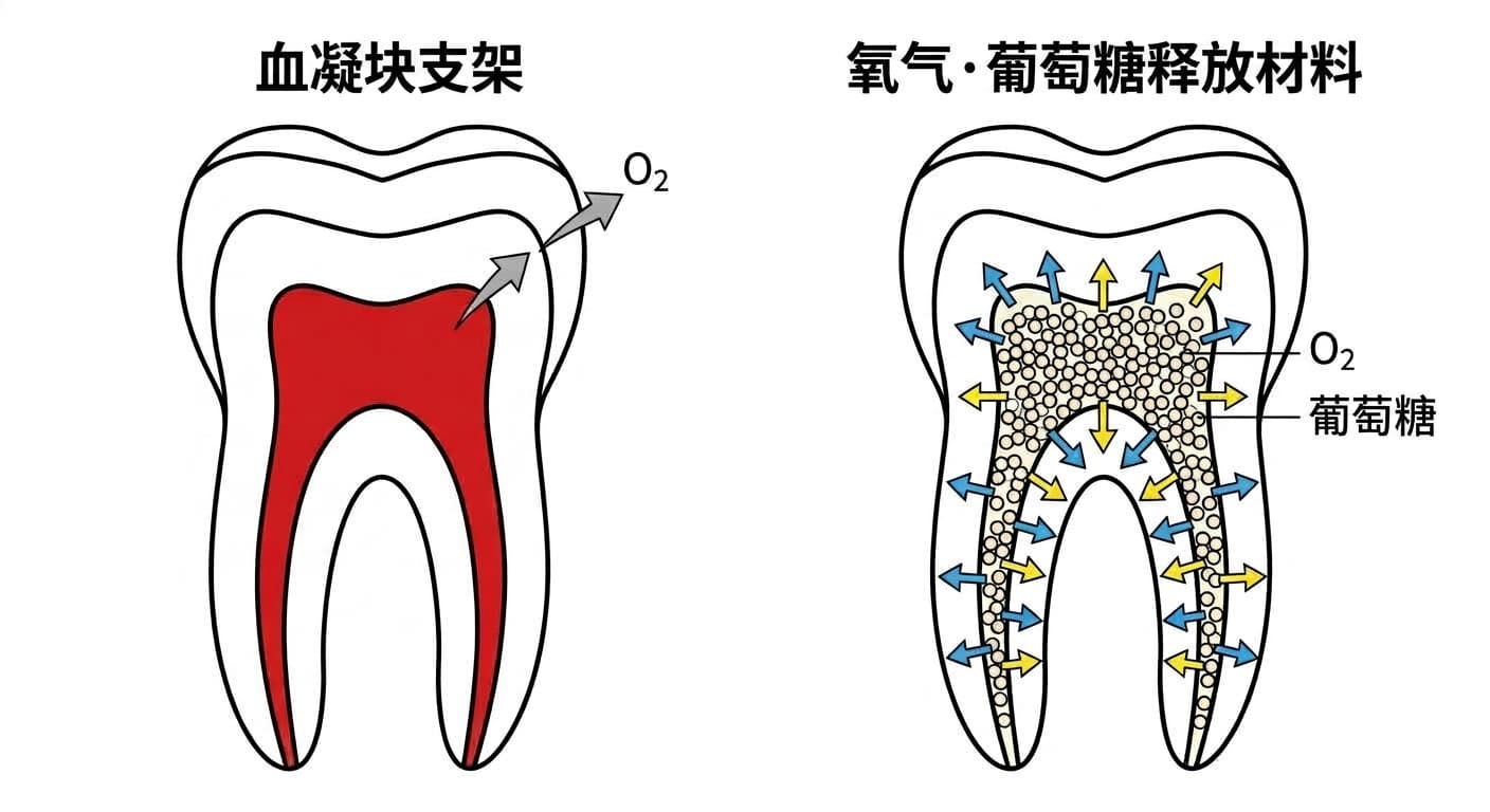 对比既有再生性牙髓治疗的血凝块支架与在整个根管内均匀释放氧气·葡萄糖的新材料的牙齿截面示意图
