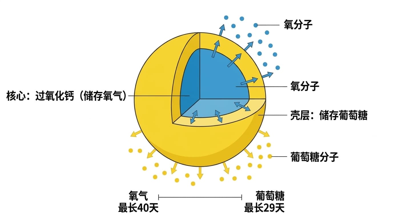 由储存氧气的核心和储存葡萄糖的壳层组成的球状释放材料截面,以及各物质释放持续时间的示意图