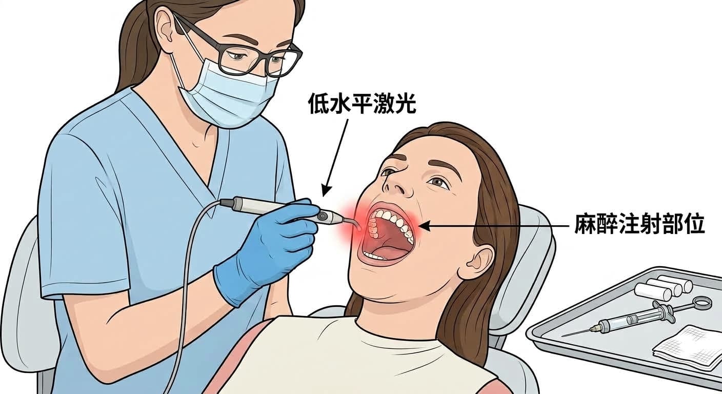 牙医在给患者注射麻醉针前,将小型低强度激光设备对准患者牙龈