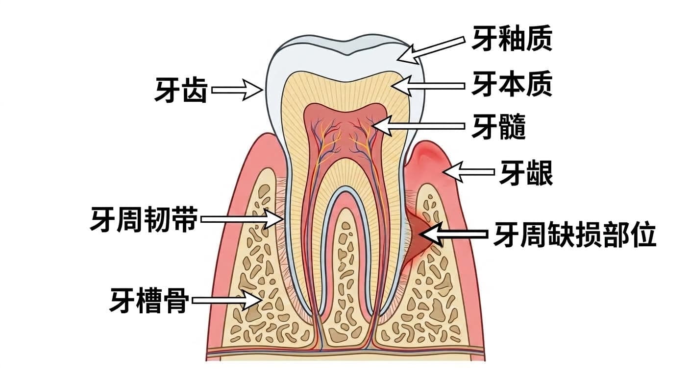 显示牙周缺损部位与支撑牙齿组织的截面图