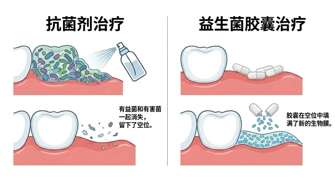 抗菌剂治疗与益生菌胶囊治疗左右对比图。抗菌剂清除细菌后留下空位,胶囊则在空位中填满新的生物膜
