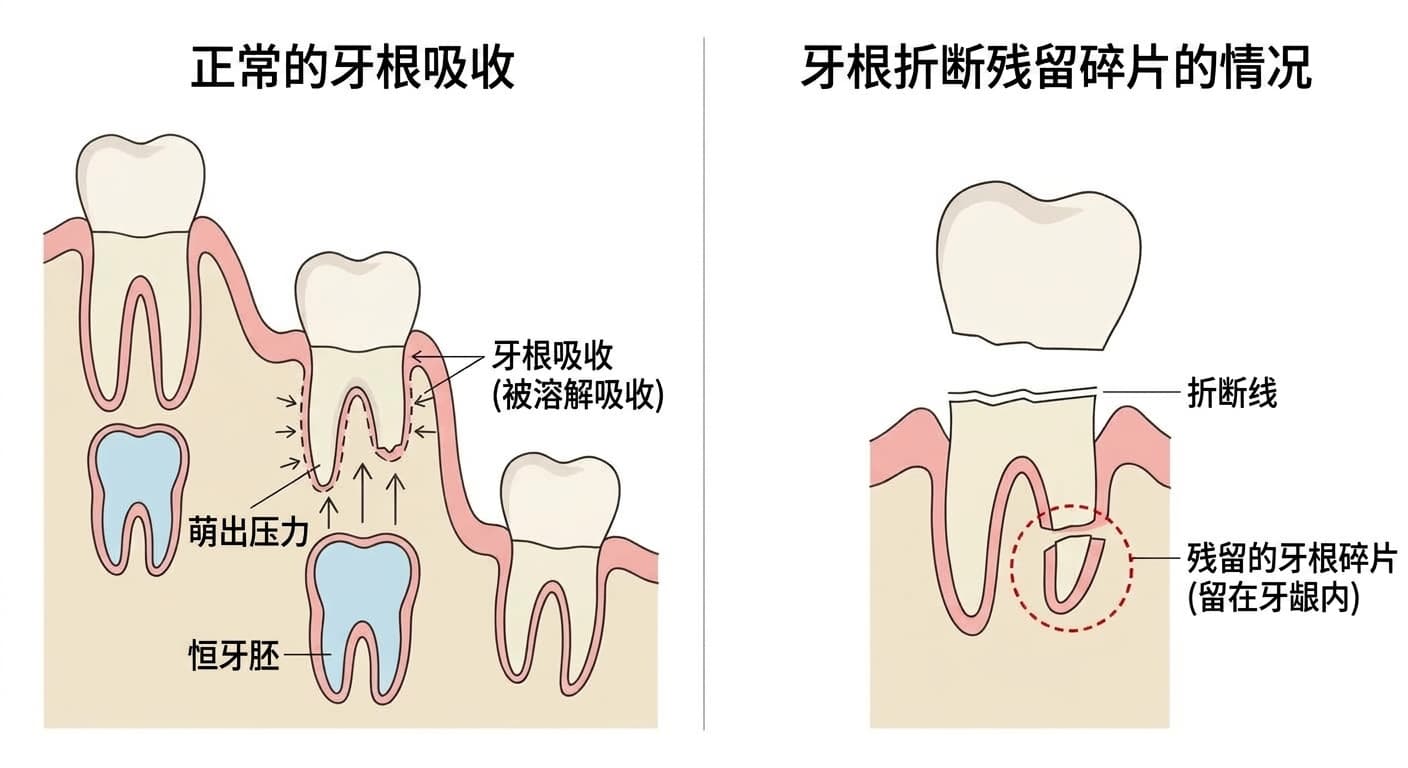 对比正常牙根溶解吸收的乳牙与沿折断线在牙龈内残留牙根碎片的情况的插图