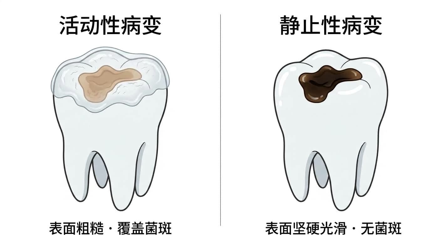 咀嚼面上活动性病变与静止性病变的对比。活动性病变表面粗糙并覆盖着牙菌斑,静止性病变表面坚硬光滑、呈深色。