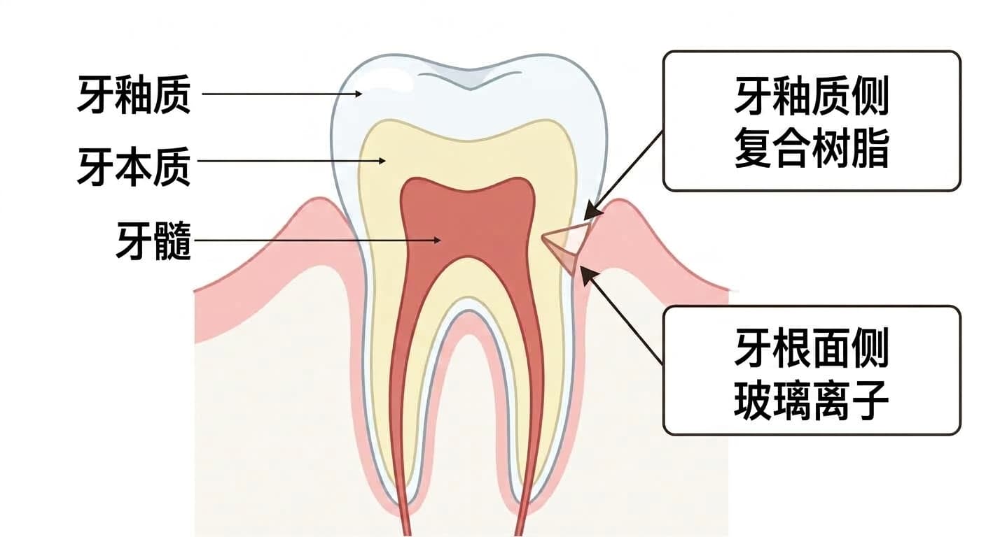 以箭头标示牙颈部楔形缺损按牙釉质侧和牙根面侧划分,说明各位置分别考虑使用复合树脂还是玻璃离子的示意图