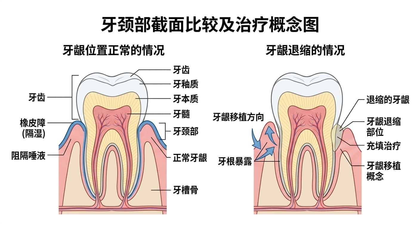并列比较牙龈位置正常的情况与牙龈退缩导致牙根暴露的情况,展示后者需同时考虑牙龈移植与充填治疗这一概念的示意图