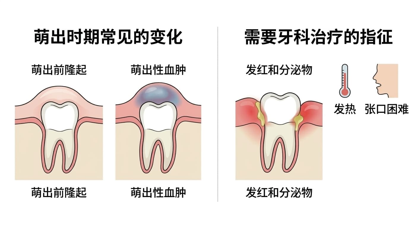 比较萌出期常见变化(萌出前隆起、萌出性血肿)与需要牙科诊疗的感染征象(发红和分泌物、发热、张口困难)的图示