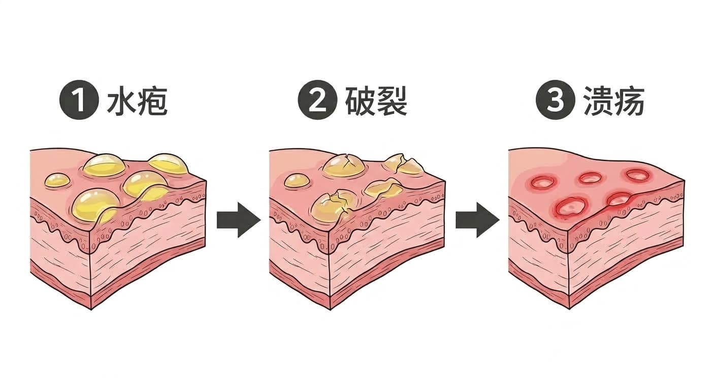 展示口腔黏膜先起水疱、破裂后再变成疼痛性溃疡这三个阶段的图示
