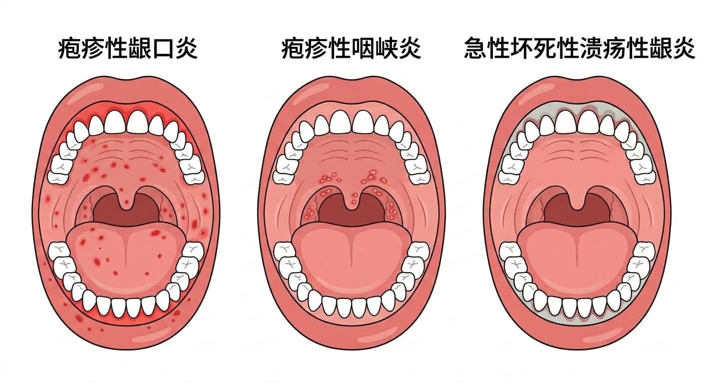 比较疱疹性龈口炎、疱疹性咽峡炎、急性坏死性溃疡性龈炎三种疾病发病部位不同的口腔内部示意图