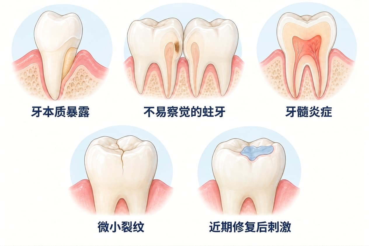 比较牙本质暴露、不易察觉的蛀牙、牙髓炎症、微小裂纹、近期修复后刺激的示意图
