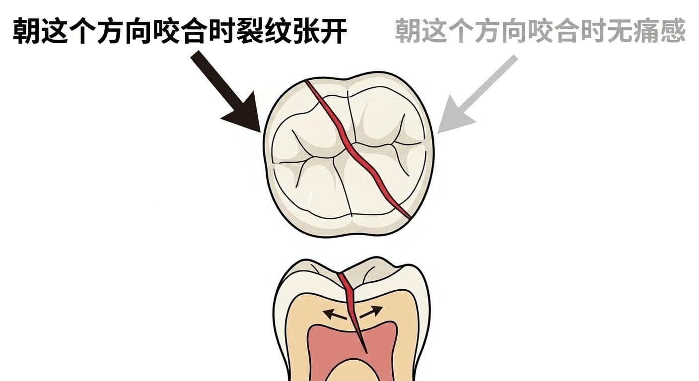 展示磨牙咬合面裂纹线,以及根据咬合方向不同疼痛出现或不出现的原因,和裂纹在截面中张开情形的插图