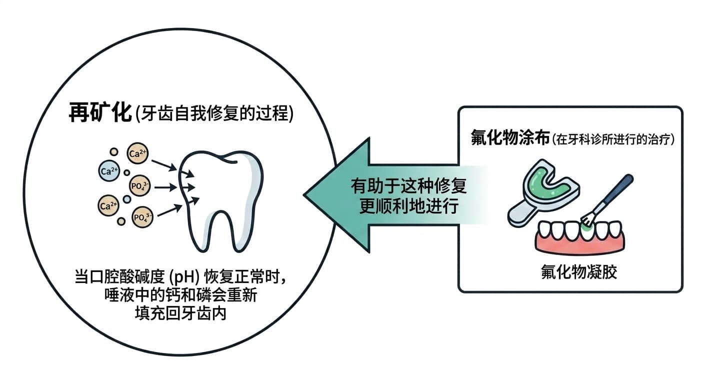 用箭头展示牙齿自我修复的再矿化过程与辅助该过程的氟化物涂布之间关系的插图。左侧圆圈内画的是钙、磷离子重新附着到牙齿表面的再矿化过程,右侧方框内画的是在牙科诊所涂抹氟化物凝胶的场景,两者之间用箭头连接,表示氟化物涂布有助于再矿化。