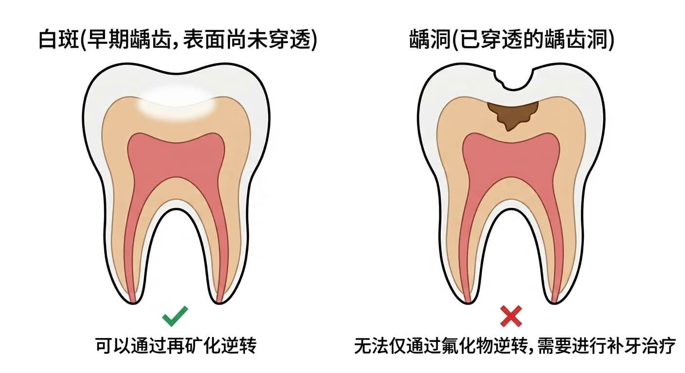 并排比较早期龋齿白斑与已经穿透形成的龋洞的臼齿剖面图。左侧白斑表面依然光滑连续,并标有绿色对勾,表示可以通过再矿化逆转;右侧龋洞表面凹陷,深至牙本质呈褐色损坏,并标有红色叉号,表示无法仅靠氟化物逆转。