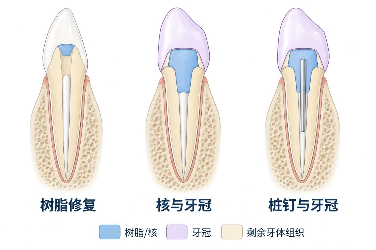对比根管治疗后前牙树脂修复、核+牙冠与桩钉+牙冠的示意图