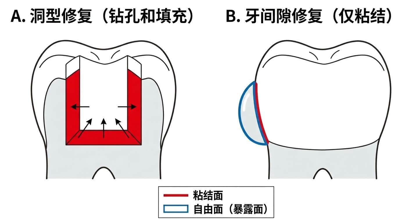 对比图:钻孔充填的修复中,树脂被多个洞壁包围,除粘结外还能被物理卡住;而牙间隙修复是把树脂附加在牙齿表面上,粘结面只有一处,其余都是暴露的自由面。