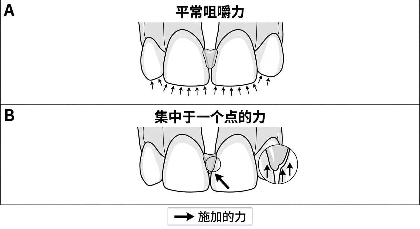 对比图:平时咀嚼的力量均匀分散在门牙切缘整体,但用门牙咬坚硬食物时,力量会集中在树脂附加部位的粘结边界一点上,可能使微小缝隙裂开。