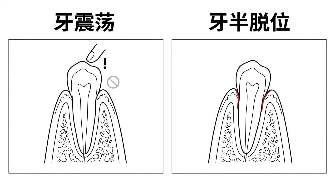 比较牙震荡与牙半脱位的插图。牙震荡在叩诊时敏感但没有松动表现,牙半脱位则在牙龈边缘出现出血