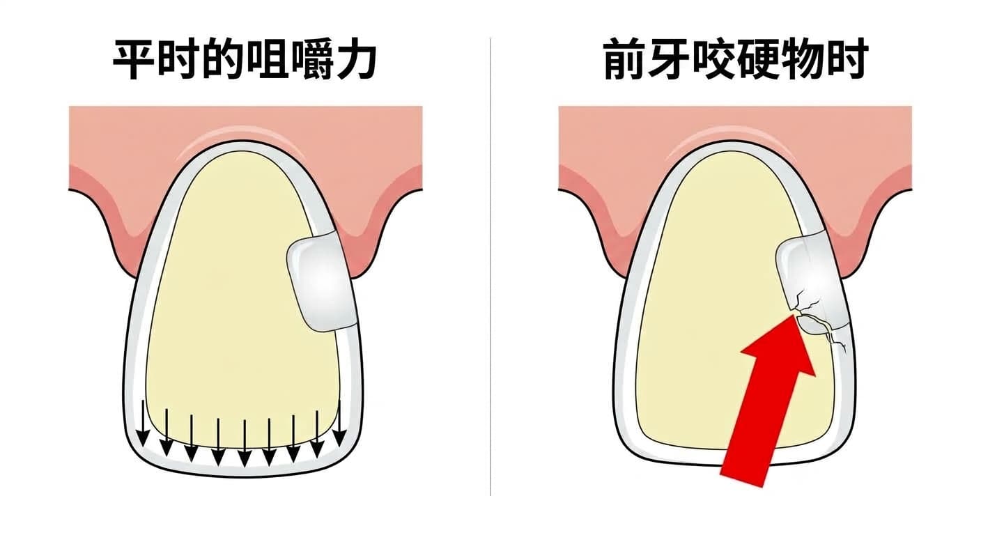 比较图:平时咀嚼力均匀分布在前牙切端,但用前牙咬硬物时,力量集中在树脂修复部位边界的一点,产生细微缝隙