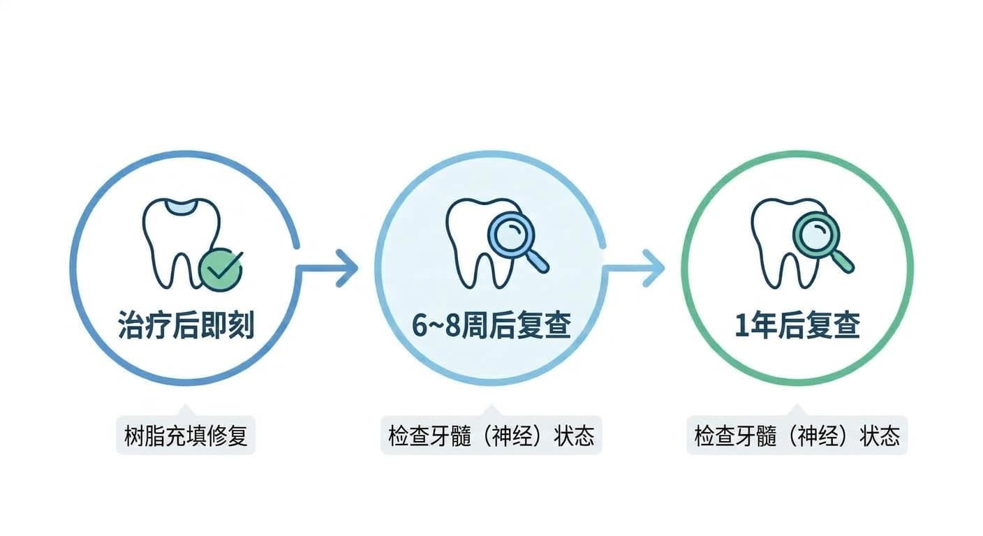治疗刚结束、6~8周后、1年后依次进行定期检查的时间线,显示每个时间点都需要确认牙髓(神经)状态