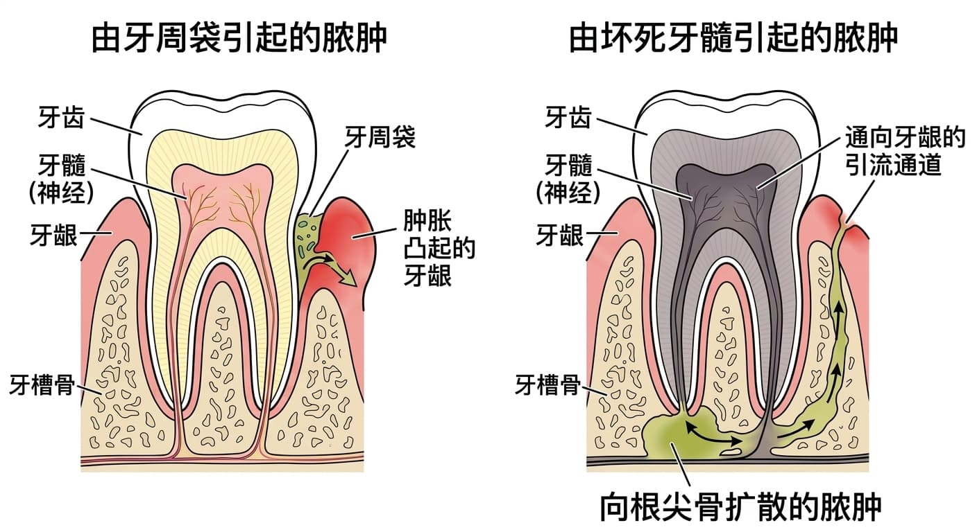 比较源于牙周袋的脓肿与源于坏死牙髓的脓肿的牙齿剖面示意图
