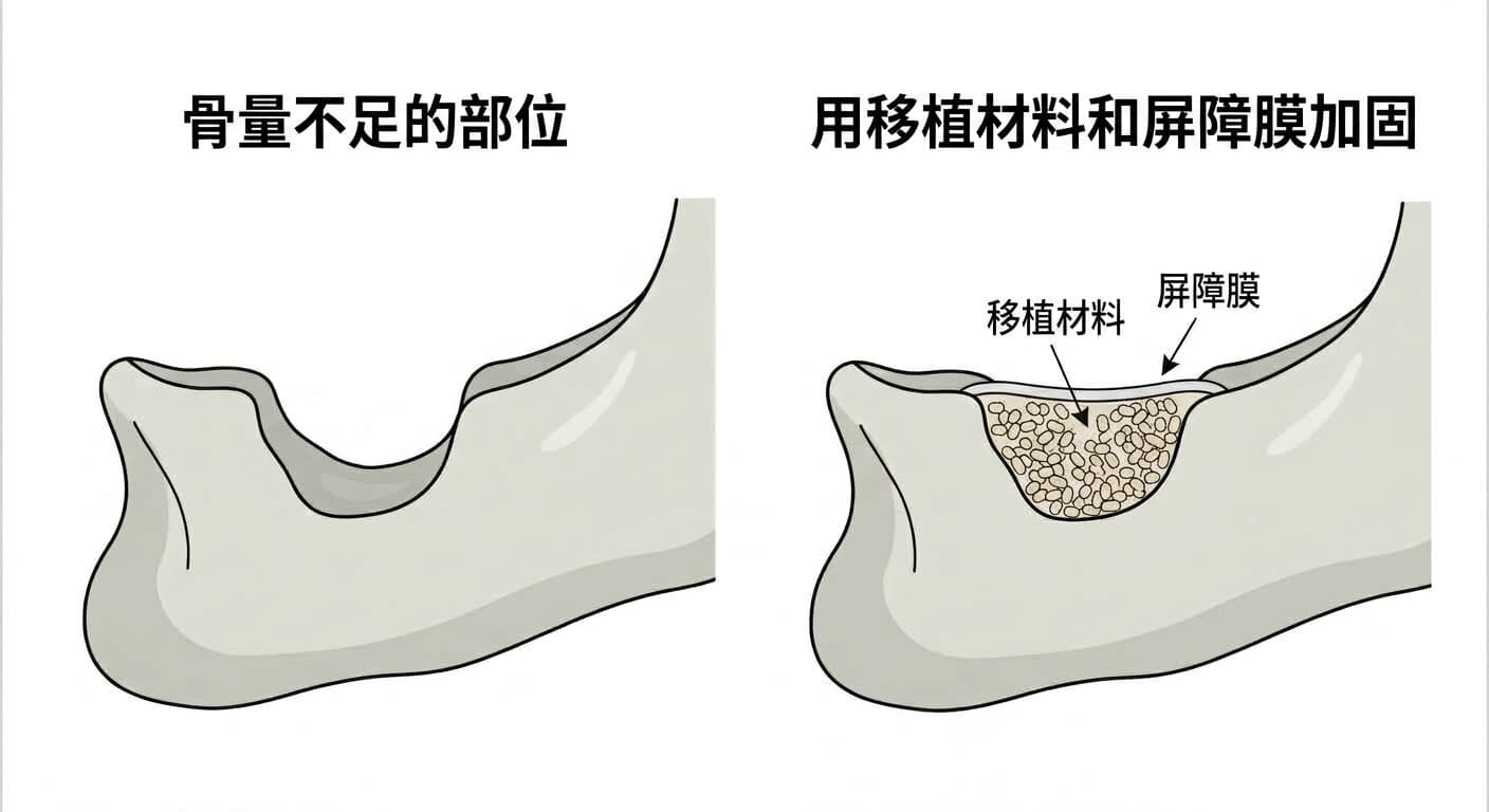 在骨量不足的部位填入移植材料并用屏障膜覆盖进行补强的过程示意图