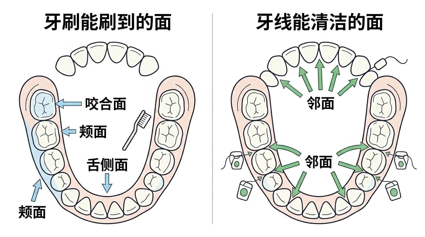比较牙刷能刷到的面和牙线能清洁的面的插图。牙刷接触咬合面、颊侧面、舌侧面,牙线接触牙齿之间的邻面。