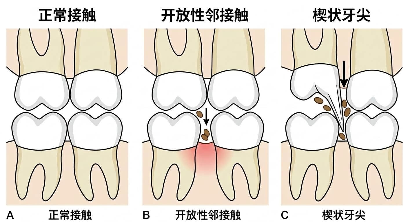 牙缝食物嵌塞的两种原因。A为正常接触,B为因接触点开放出现缝隙、食物嵌入并引发牙龈炎症的开放性邻接触,C为对颌牙尖嵌入将食物推入缝隙的楔状牙尖
