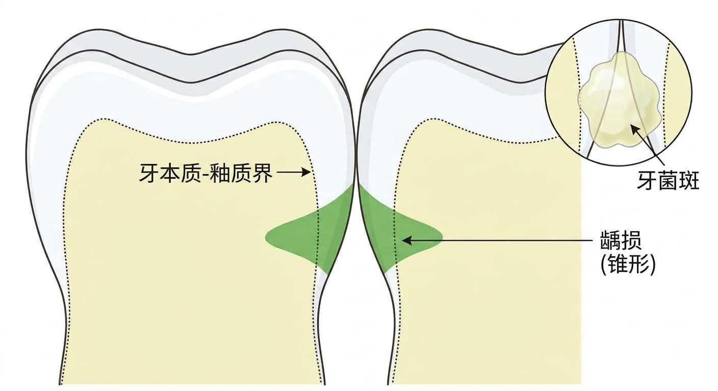 邻面龋的进展形态。始于接触点下方牙菌斑堆积处,在釉质表面较宽,越靠近内侧的牙本质-釉质界越窄,呈锥形发展