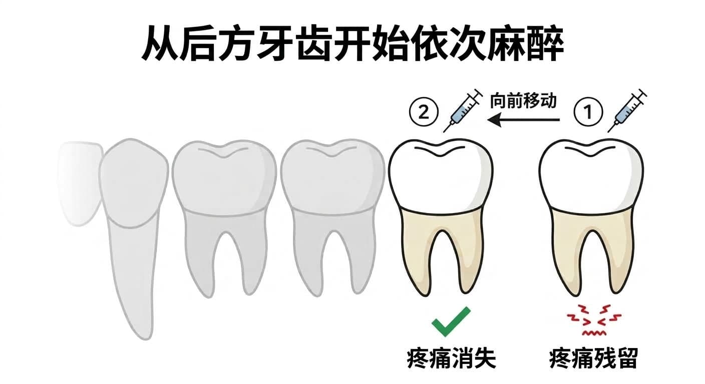 从后方牙齿开始依次麻醉、找出疼痛消失牙齿的麻醉检查示意图