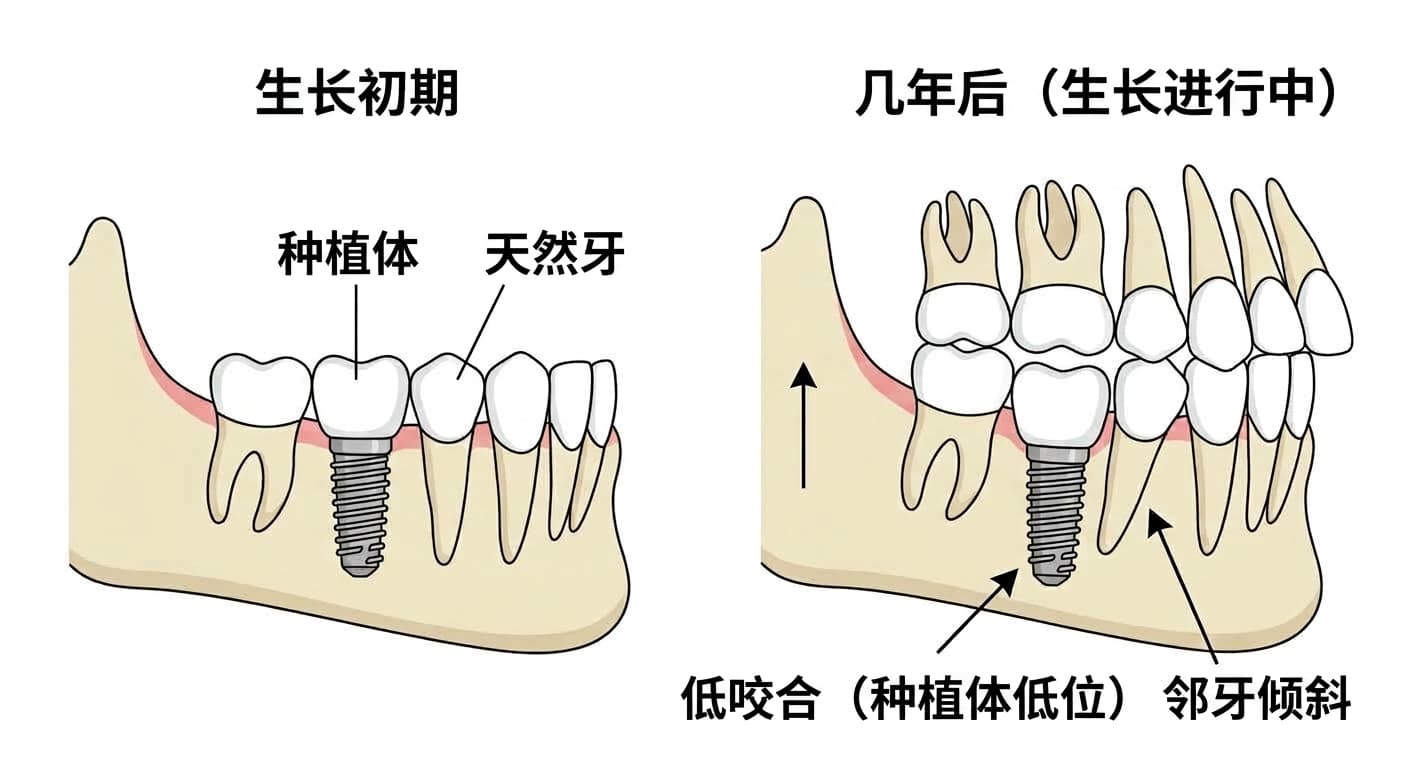 比较生长初期与几年后的示意图。天然牙随颌骨一起向上移动,而种植体停留在原位,出现低咬合和邻牙倾斜