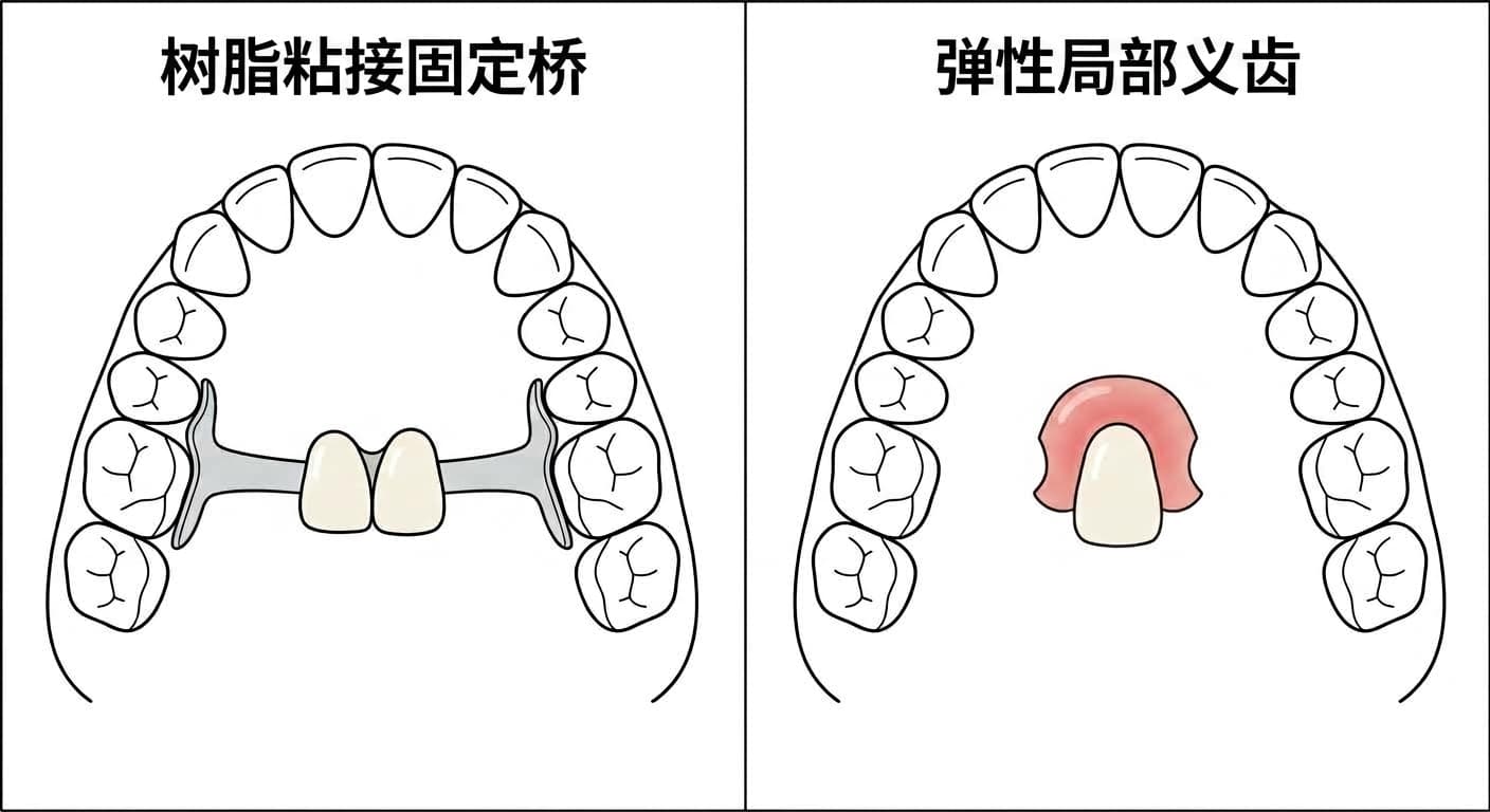 比较管理单颗牙缺失位置两种方法的示意图。左侧为粘接在两侧牙齿背面的树脂粘接固定桥,右侧展示无金属卡环、可自行摘戴的弹性局部义齿