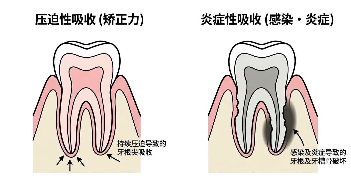 压迫性吸收与炎症性吸收的牙齿剖面对比。左侧显示因矫正力导致牙根尖变钝吸收的情形,右侧显示因感染和炎症导致牙根及周围牙槽骨一并不规则吸收的情形。
