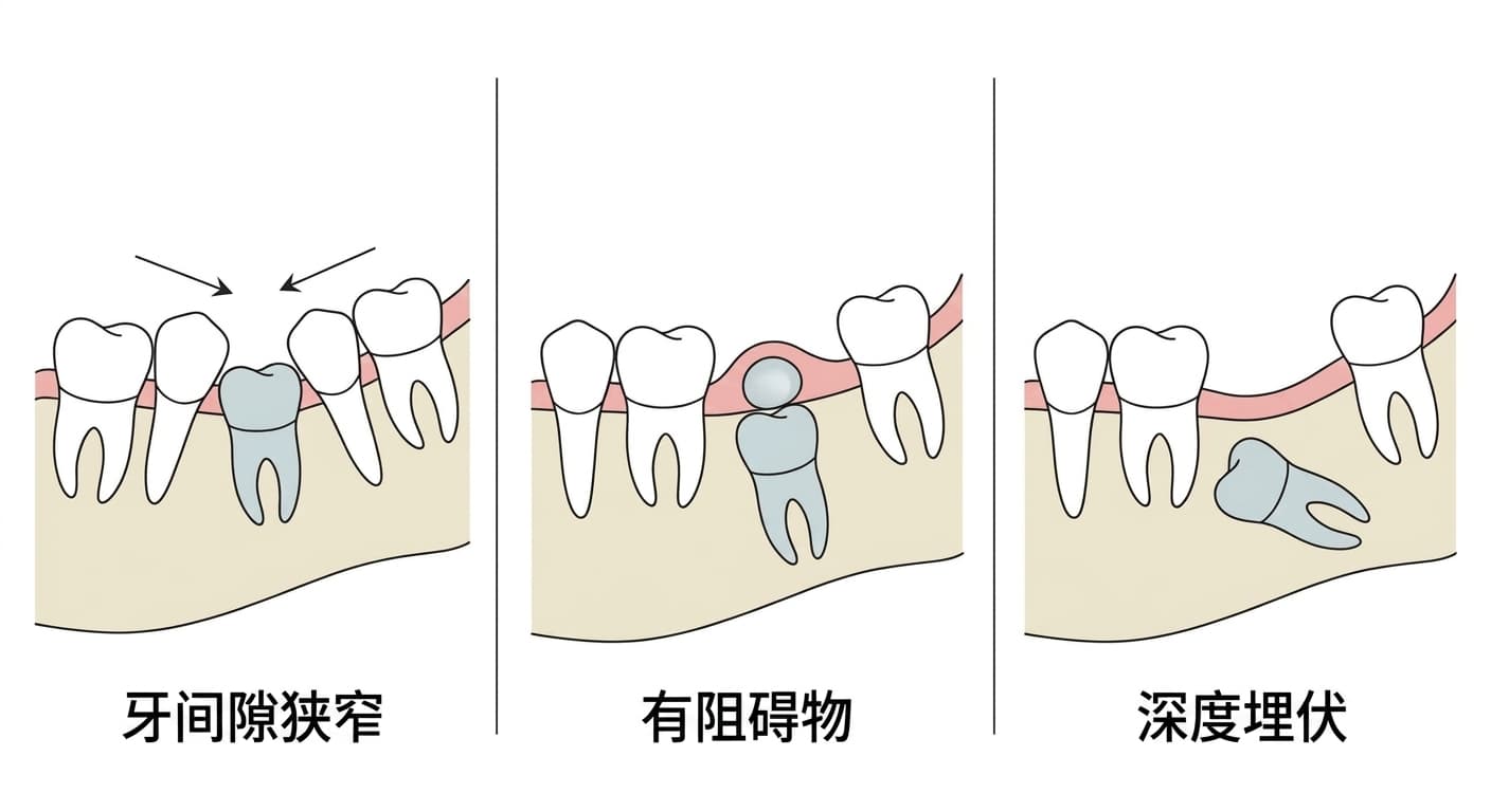 比较恒牙延迟萌出时需确认的三种情况的插图:间隙狭窄时、有阻碍物时、埋伏过深时(阻生)