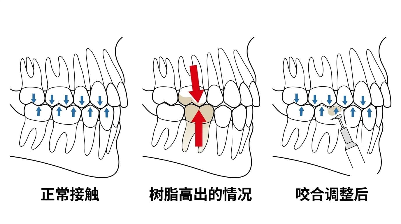 对比正常接触、树脂偏高导致受力集中、以及咬合调整后受力均匀分布的示意图