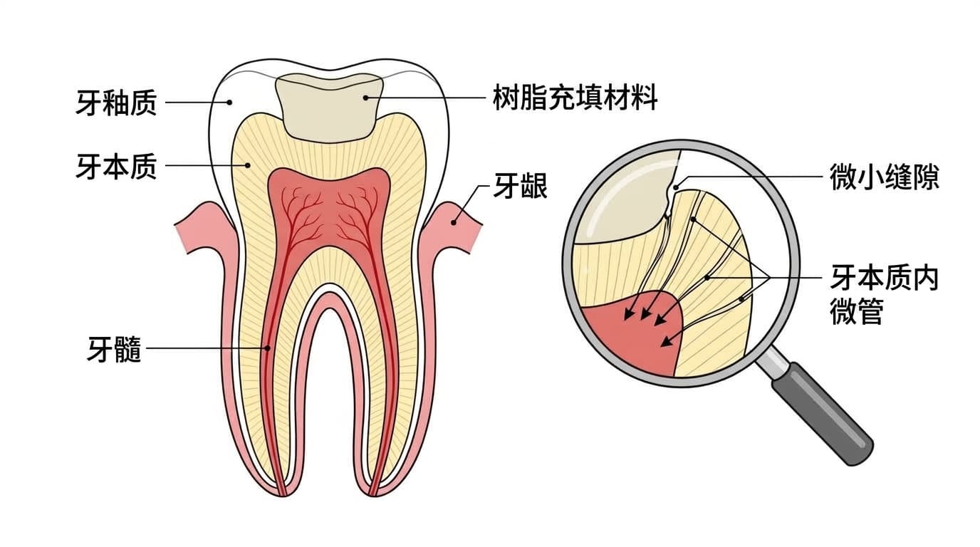 显示树脂充填材料与牙齿之间的微小缝隙,刺激沿牙本质内微管传导至牙髓的过程示意图