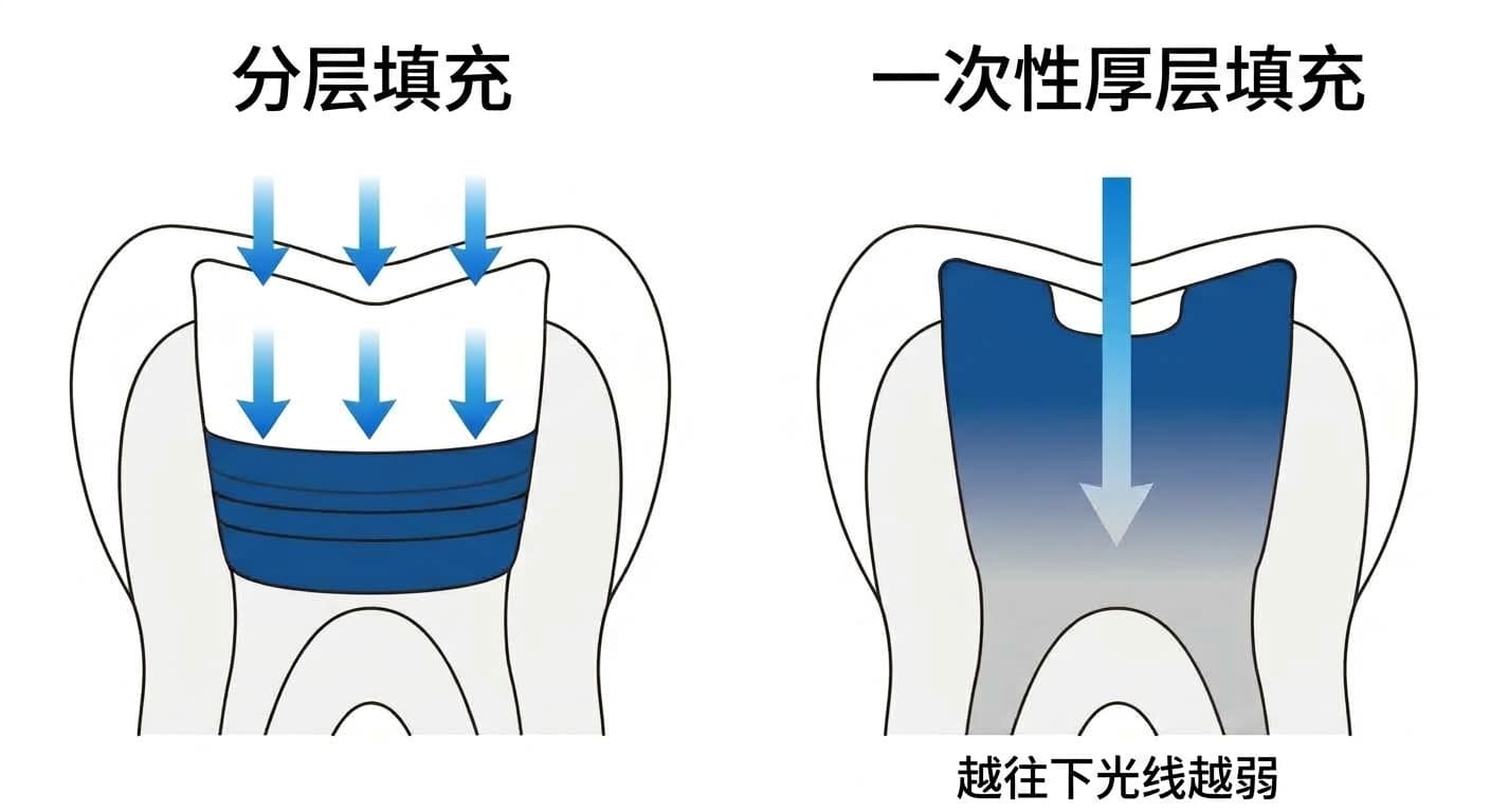 比较薄层分次填充时光线均匀到达、整体能充分固化,与一次性厚层填充时越往下光线越弱、可能固化不足的示意图