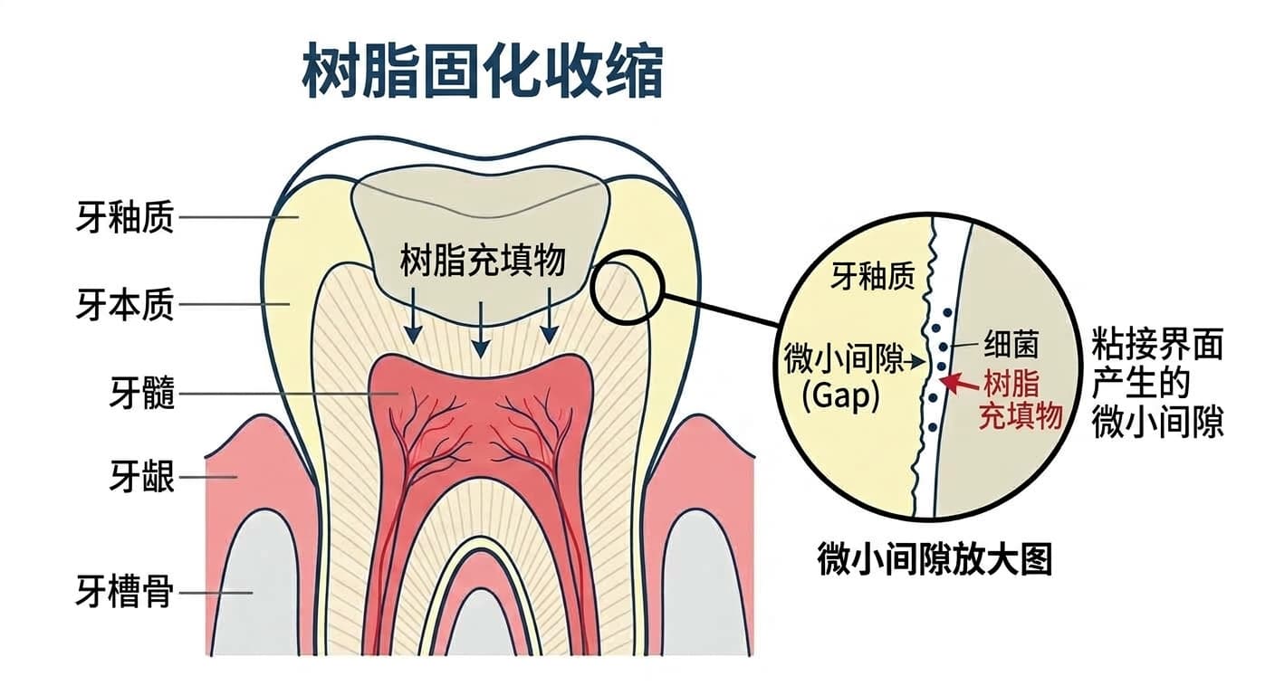 显示树脂固化收缩后,在牙齿与树脂相接的界面产生微小间隙,细菌可通过该间隙进出的示意图
