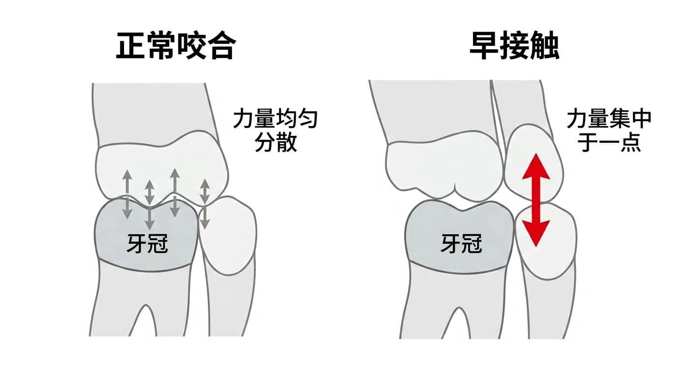 装有牙冠的下方牙齿与上方牙齿在多个位置均匀咬合、力量分散的正常咬合,与仅在一点先接触、力量集中的早接触并列对比的剖面图