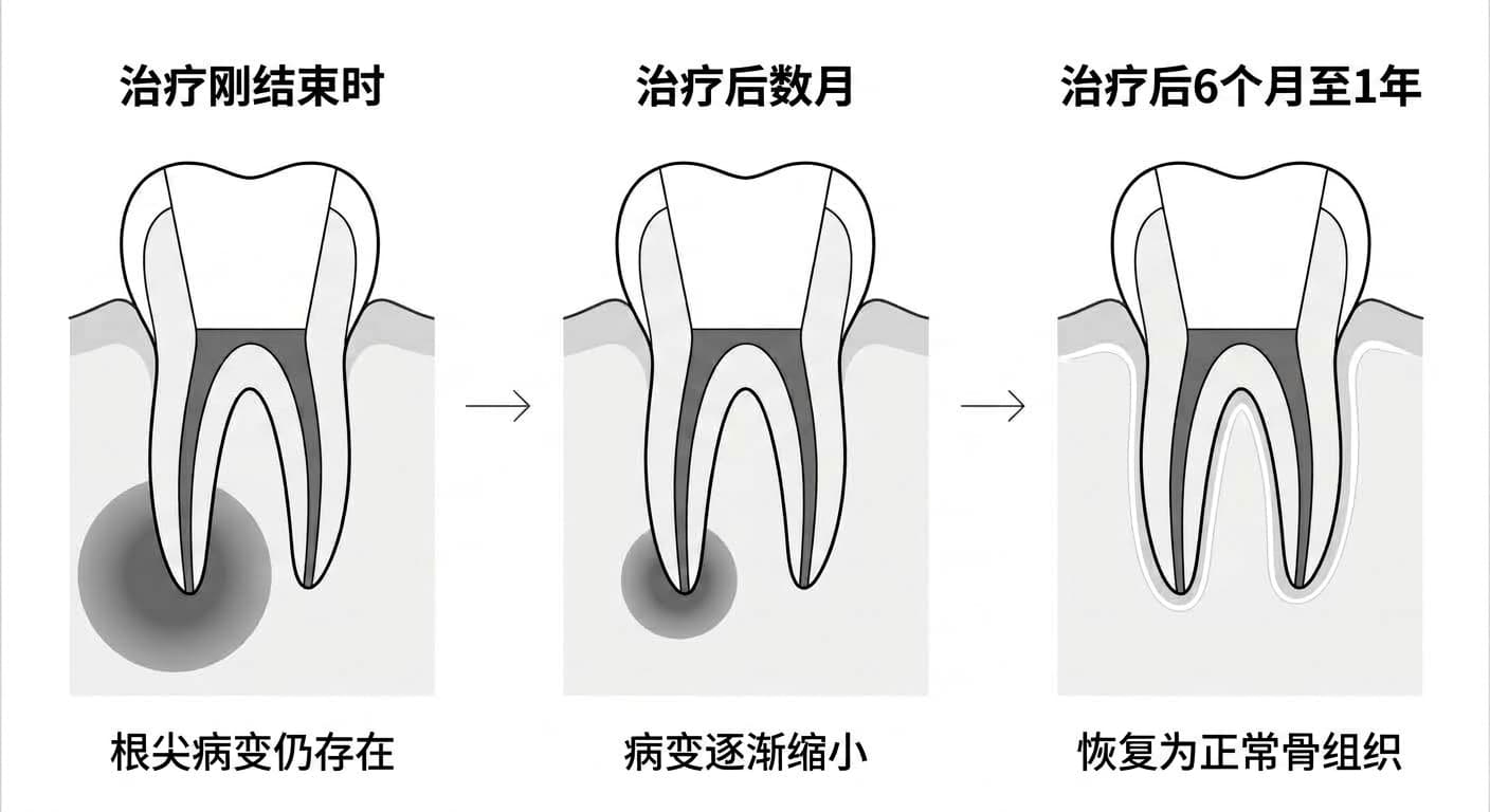 根管治疗后根尖病变从治疗刚结束、数月后到6个月至1年后逐渐缩小并恢复为正常骨组织的过程,分三个阶段对比的牙齿剖面图