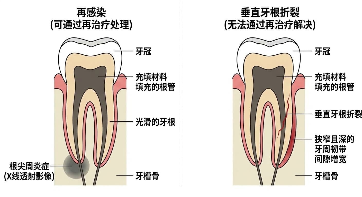 对比因再感染导致根尖发炎的牙齿与牙根纵向裂开的垂直牙根折裂牙齿的剖面图