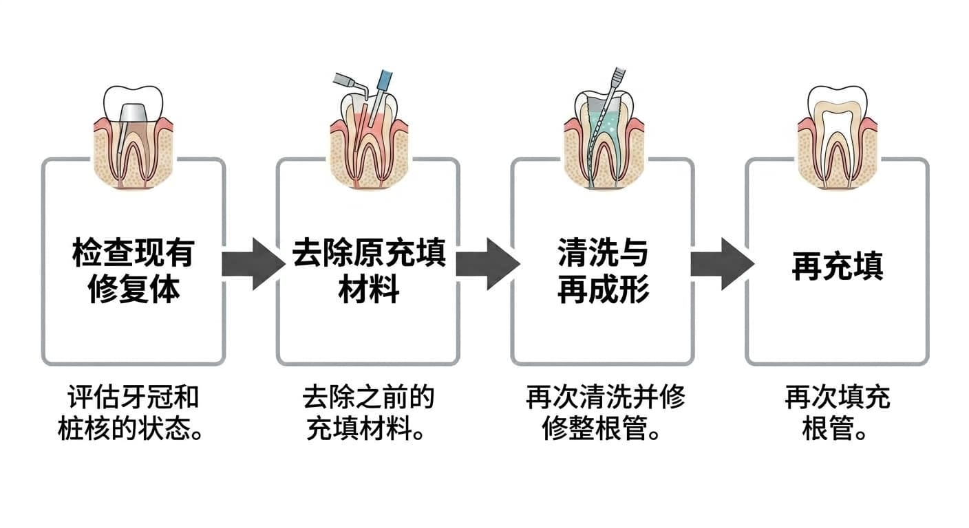 以检查现有修复体、去除原充填材料、清洗与再成形、再充填四个阶段展示根管治疗后牙齿再治疗过程的示意图
