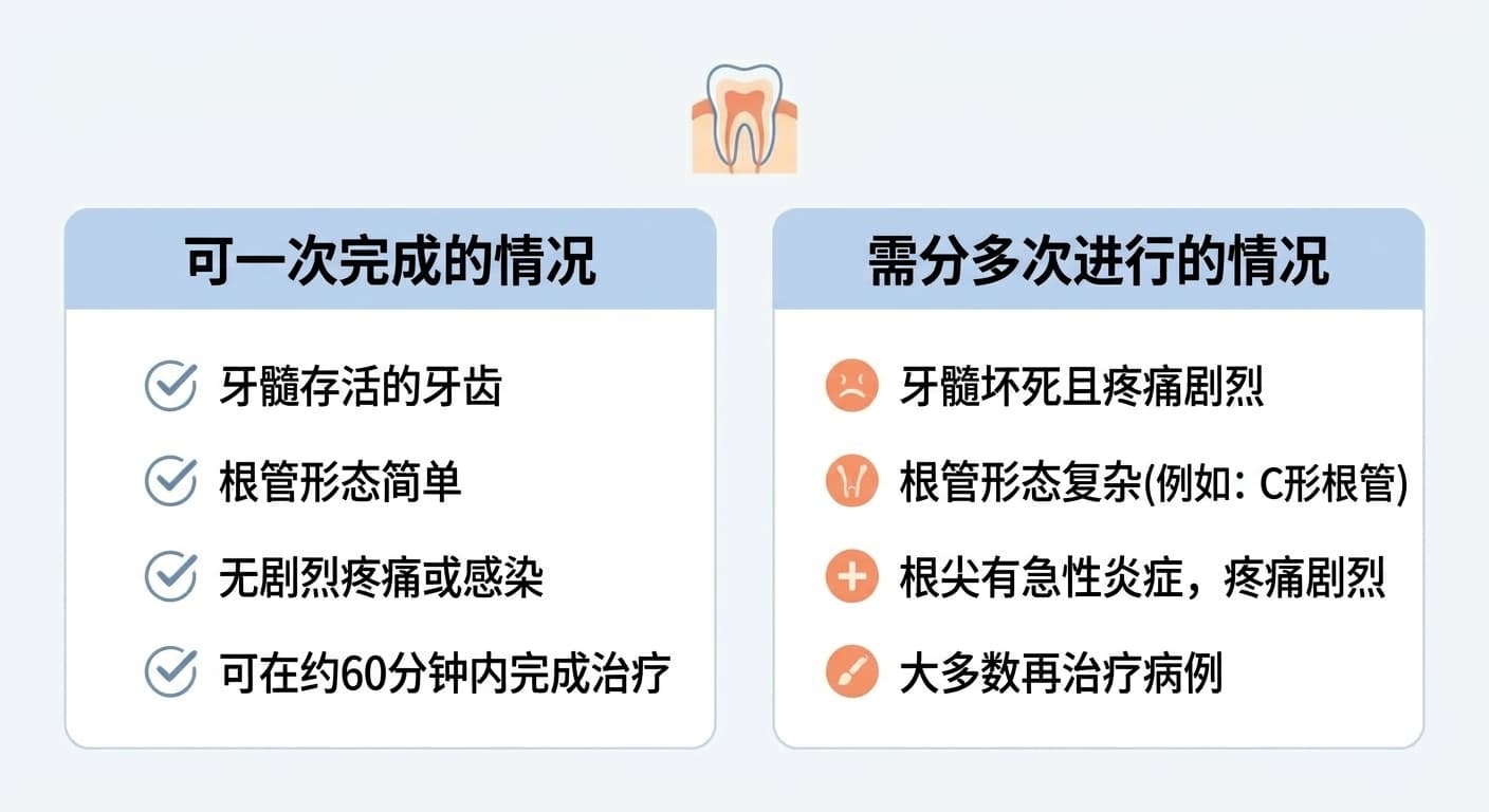 可一次完成的情况与需分多次进行的情况对比表。神经存活、根管形态简单且无剧烈疼痛时可一次完成;神经坏死且疼痛剧烈、根管形态复杂、根尖因急性炎症疼痛剧烈或属于再治疗时需分多次进行