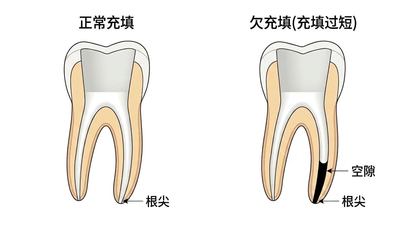 对比图:正常根管充填至根尖,以及充填过短、根尖处留有黑色空隙的欠充填