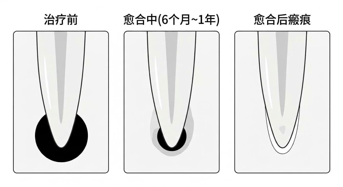 三阶段对比图:治疗前根尖有明显病变,经愈合中阶段,到愈合后仅留小瘢痕的过程