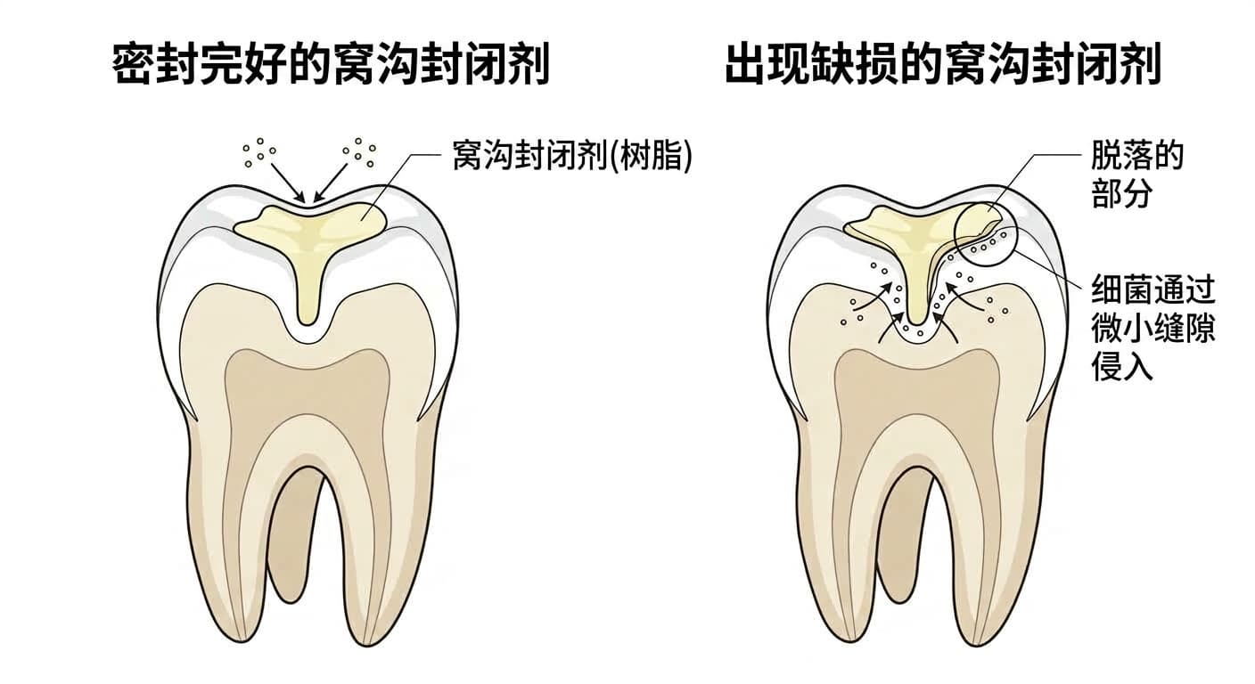 对比窝沟封闭剂完整封住沟裂的状态,与部分脱落或细菌通过微小缝隙侵入的缺损状态的磨牙剖面图