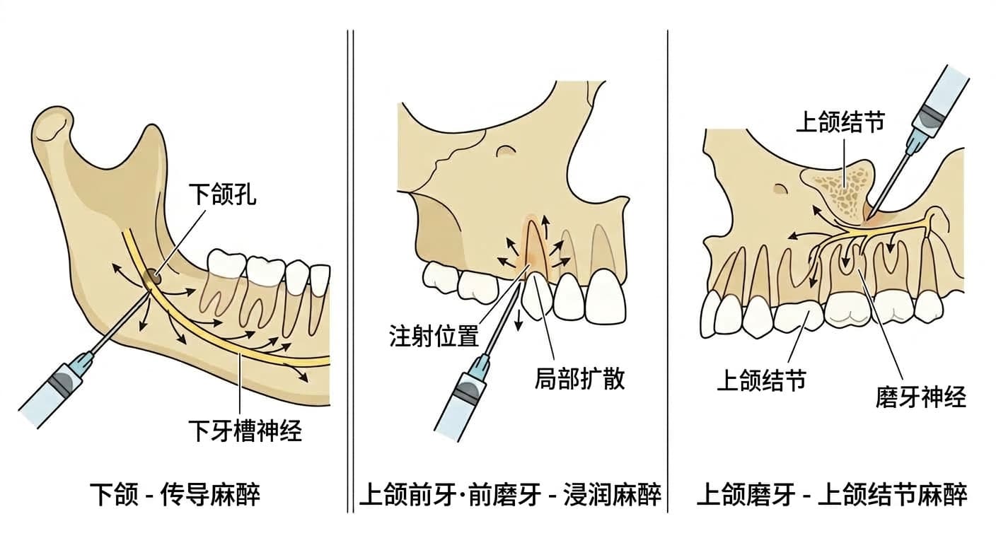 比较下颌采用阻断神经干的传导麻醉、上颌前牙和前磨牙(小臼齿)采用只麻醉牙齿周围的浸润麻醉、上颌大臼齿采用上颌结节传导麻醉这三种原理的图示
